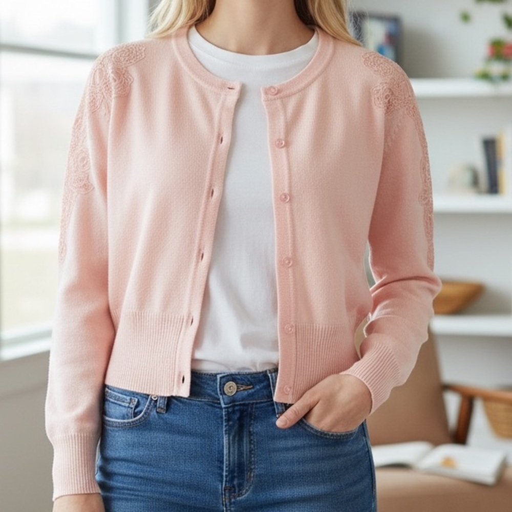 C EST. 1946 Pale Dogwood Pink Cut-Out Button-Up Cardigan Sweater Sz S